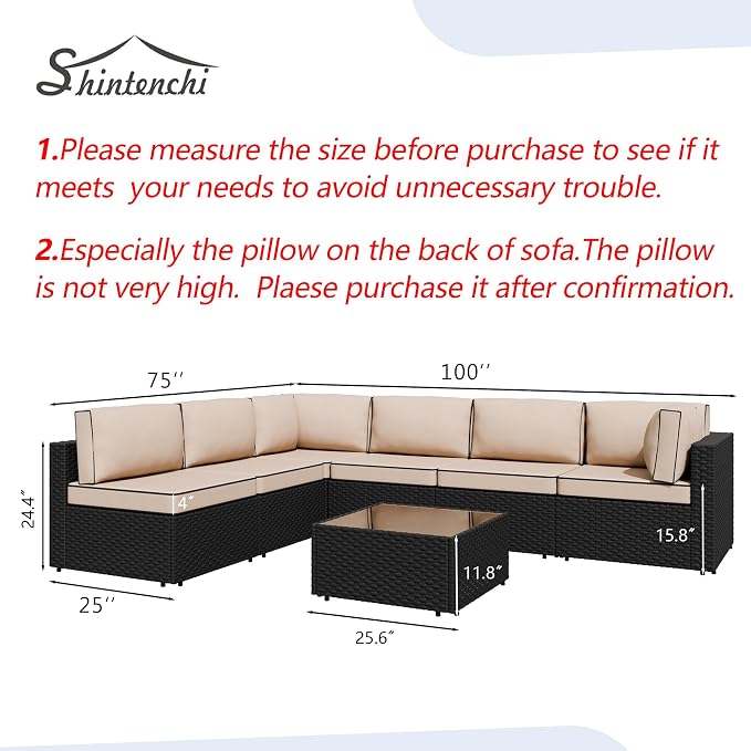 7 Piece Outdoor Patio Furniture Set,Black PE Rattan Wicker Sectional Sofa, All Weather Conversation Set with Washable Cushions & Glass Coffee Table for Backyard Poolside Garden Porch,Khaki