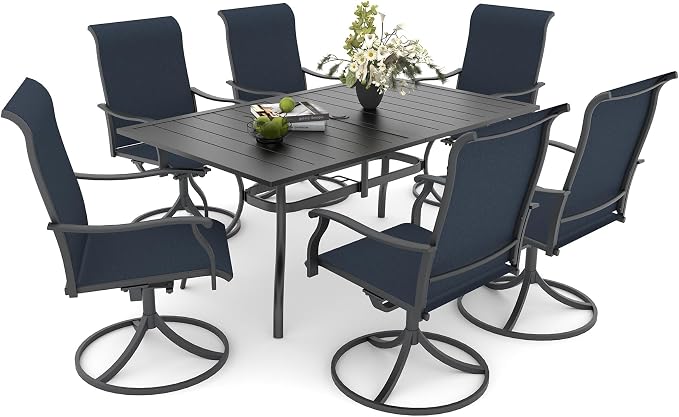 Anmutig 7 PCS Patio Dining Set, Rectangle Metal Table with 1.57" Umbrella Hole and 6 High Back Textilene Swivel Chairs, Suitable for All Weather Blue