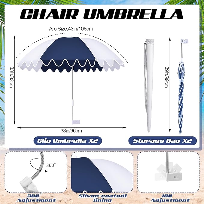Abbylike 2 Pcs Scalloped Chair Umbrella with Universal Adjustable Clamp 38'' Portable Wheelchair Umbrella UPF 50+ Camping Chair Parasol with Bag for Outdoor Patio Lawn