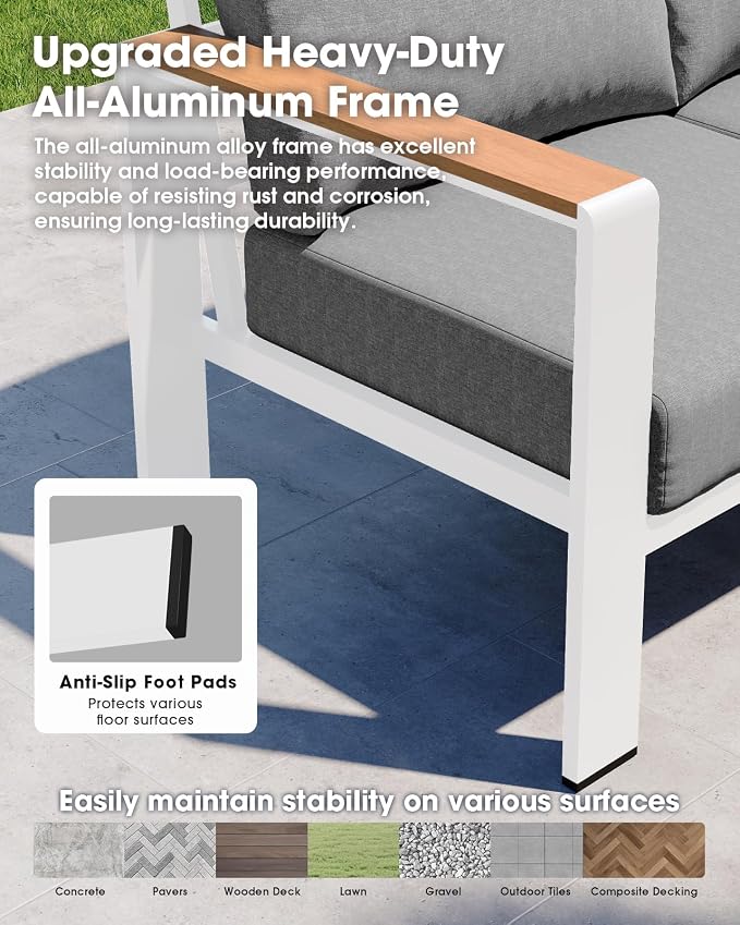 Aluminum Outdoor Patio Furniture Set 6 Seats, Outdoor Sectional Corner Sofa Set, Patio Conversation Sets with Washable Cushions & Coffee Table, Patio Furniture for Backyard, Porch, White