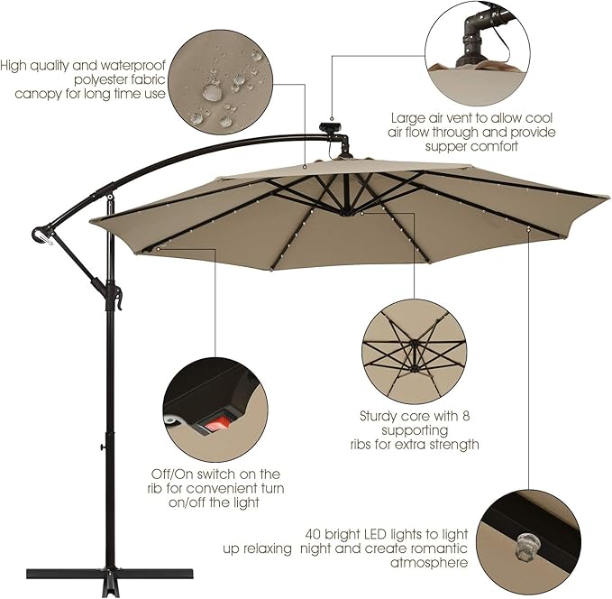 Tangkula 10 Ft Patio Offset Umbrella, 40 LED Lighted Market Umbrella W/8 Sturdy Ribs, Easy Tilt Adjustment & Crank, Polyester Shade, Ideal for Backyard, Garden, Seaside, Store, Pool (Tan)