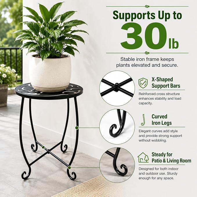 2 Pack 15 Inch Tall Plant Stands Outdoor Indoor, Metal Side Tables for Patio, Weather Resistant Flower Pot Racks with Swirl Pattern, Black End Table Set for Garden Balcony