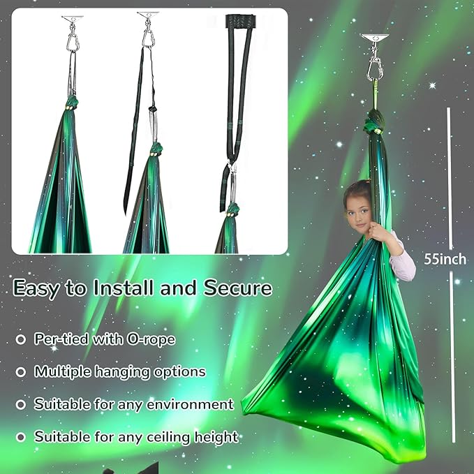 Sensory Swing for Kids Indoor & Outdoor Double Layer Therapy Cuddle Swing with 360° Swivel Hanger Kit Adjustable Swings for Child and Adult with Aspergers Autism (Aurora Green)
