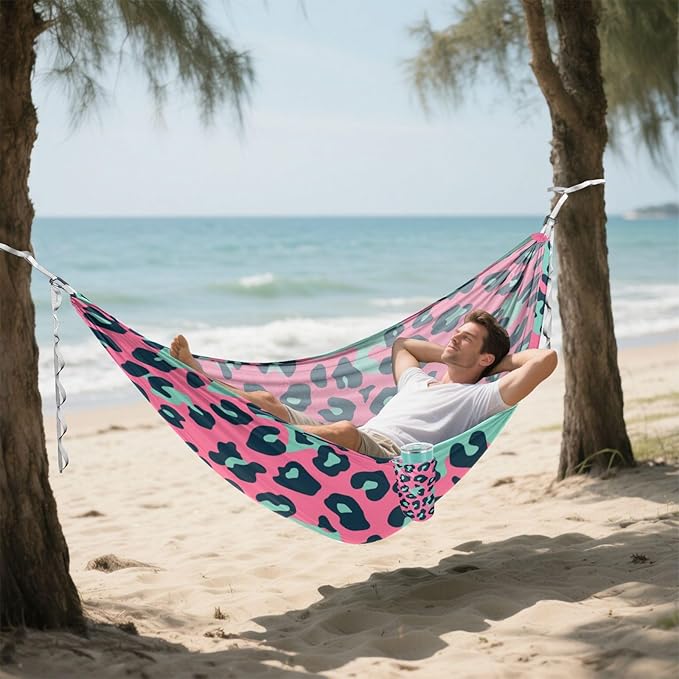 Pink and Green Leopard Print 330lb Capacity Outdoor Hammocks with Portabl Carry Bag Cloth Hammock for Patio Backyard Lounge Base hamaca con Base para adultos