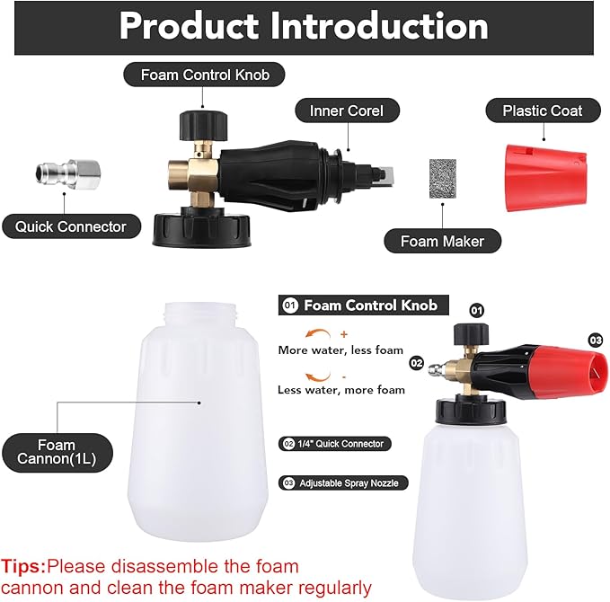 Foam Cannon for Pressure Washer, Dual Connector, 5000PSI Pressure Washer Gun, 2-in-1 Foam and Rinse Tool with 6 Nozzles, 1/4" Quick Connector for Car Truck SUV Washing