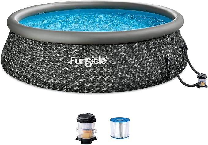 Funsicle Quickset Designer 12' x 36" Round Above Ground Swimming Pool, with FiltraBoost 800 GPH Filter Pump, Type D Filter Cartridge & Repair Patch, Dark Herringbone Print