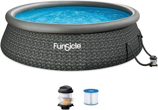 Funsicle Quickset Designer 12' x 36" Round Above Ground Swimming Pool, with FiltraBoost 800 GPH Filter Pump, Type D Filter Cartridge & Repair Patch, Dark Herringbone Print