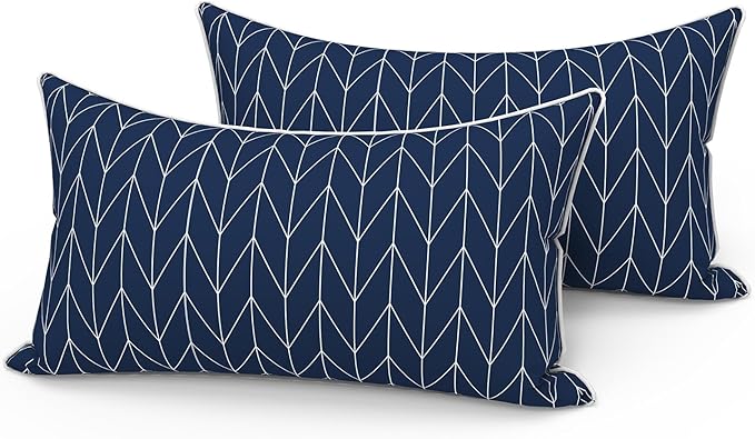 LVTXIII Set of 2 Outdoor Lumbar Pillows for Patio Furniture with White Piping, 12"x20" Fade Resistant Patio Lumbar Pillows with Inserts for Home Coach Sofa Use, Herringbone Navy