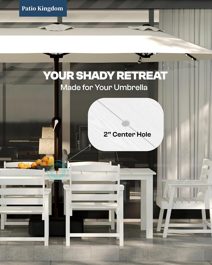 9-Piece Outdoor Dining Set with 15FT Umbrella for 8,White | 75.2'' HDPE table, chairs included, weather-resistant furniture with hole, ideal for lawn, poolside, yard, garden, deck