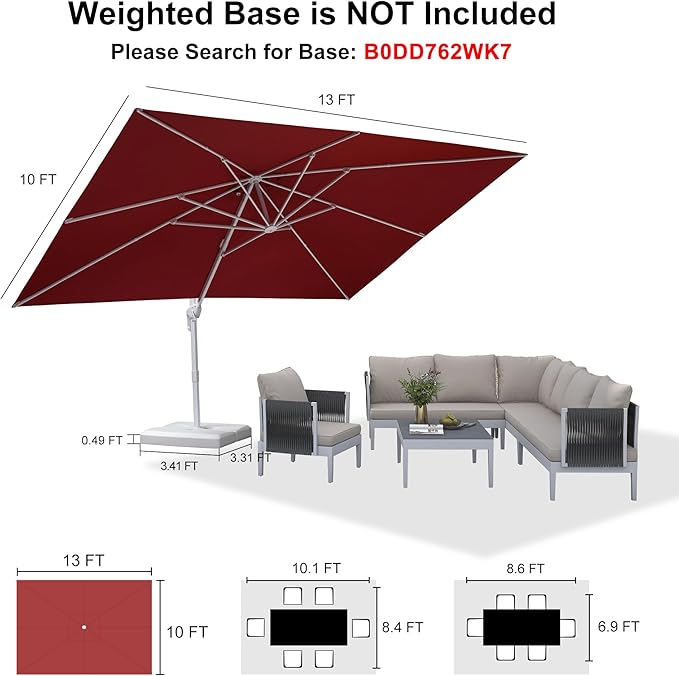 PURPLE LEAF 10' × 13' Patio Umbrella White Cantilever Umbrella Aluminum Square Outdoor Offset Umbrella Hanging Windproof with 360° Rotation for Garden Deck Pool, Red