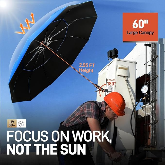 New 60" Folding Magnetic Umbrella,Designed for Outdoor Work,600lb Strong Suction Hvac Umbrella With Magnetic Base & Clamp,2-in-1 Sun & Rain Protection,180° Adjustable,Portable for HVAC(Blue)
