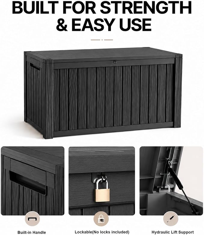 MAKINO 205 Gallon Large Waterproof Deck Box, Heavy Duty Resin Outdoor Storage Box, Outdoor Storage Bench with Hydraulic Rod for Patio Furniture/Cushions/Garden Tools/Backyard/Pool Accessories, Black