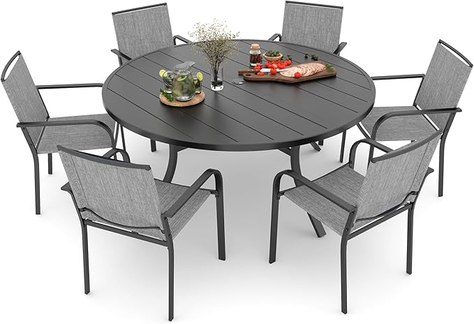 Anmutig 7 Piece Metal Round Patio Table and Chair Set with Umbrella Hole, 54" Table and 6 Grey Stackable Chairs