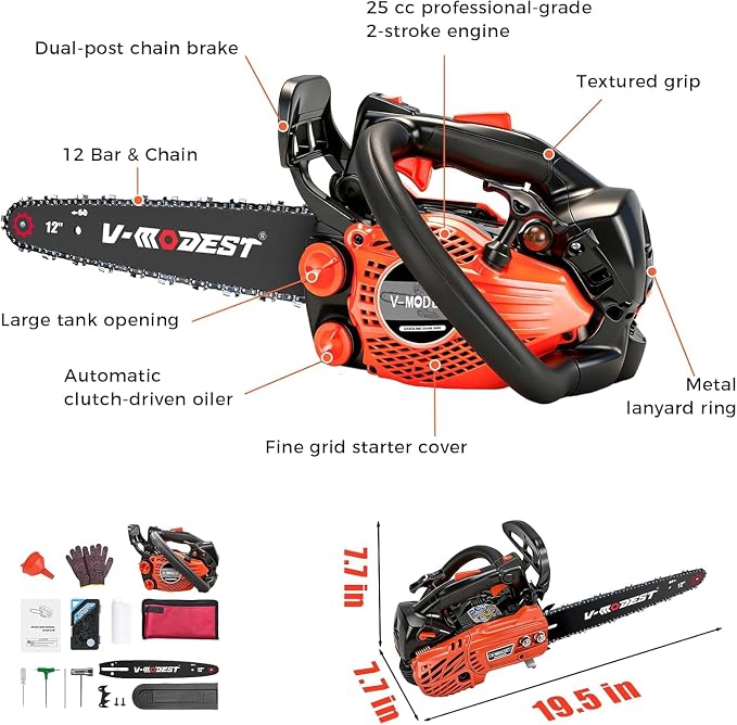 Gas Chainsaw 12 inch, Top Handle Chainsaw 25cc 2-Stroke Small Gas Powered Chain Saw, Lightweight 5.5 lbs, 1/4" LP Low Kickback Chain for Pruning, Yard & Garden, Easy to Use