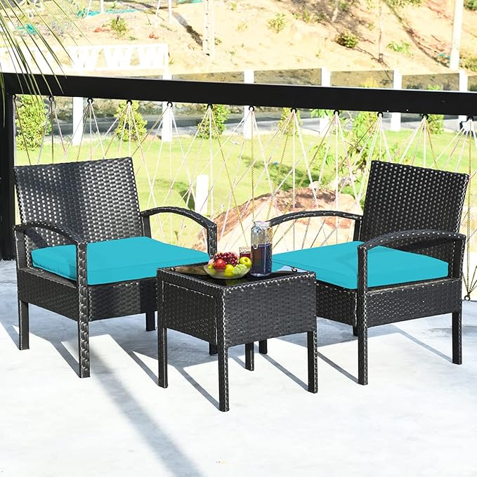 Tangkula 3 Piece Patio Conversation Set, Outdoor Rattan Sofa Set with Seat Cushions & Coffee Table, Patio Wicker Furniture Set for Garden Balcony Backyard Poolside (Turquoise)