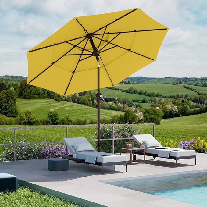 PatioKingdom 9ft 3-Tier Patio Market Umbrella with Crank/Tilt, Commercial Heavy Duty Wind Proof,Outdoor Table Umbrella with 8 Fiberglass Ribs,UPF50+ for Deck,Pool,Garden,Backyard (Yellow)