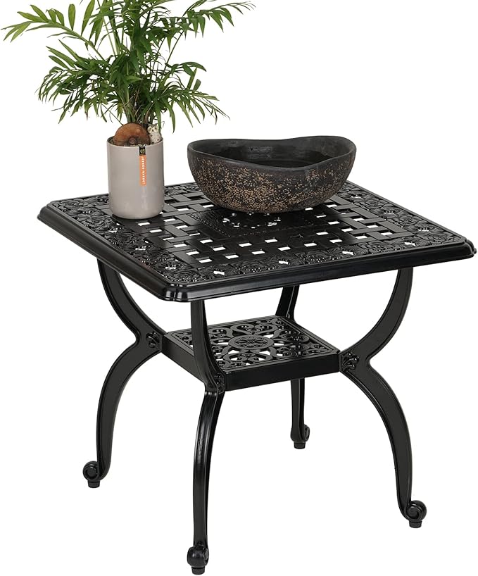 YKSY&YKSY Jardin DE Centennial Cast Aluminum Outdoor Side Table,Anti-Rust Outdoor End Table,Patio Coffee Bistro Table for Indoor,Garden,Porch,Balcony(Square Black)