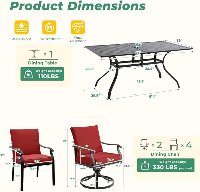LVUYOYO 7-Piece Outdoor Patio Dining Set, Metal Dining Chair & Rectangular Table Set, All-Weather Furniture for Backyard, Garden,Balcony,Porch (Red)