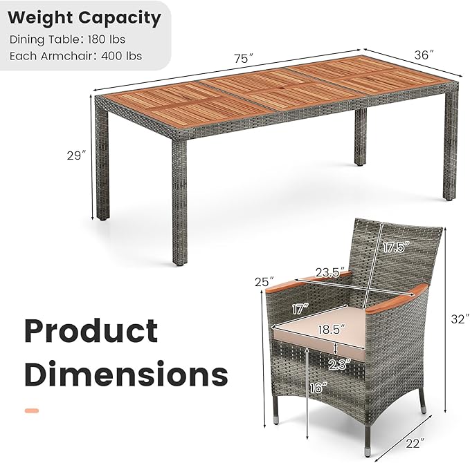 Tangkula 9 Pieces Patio PE Wicker Dining Set, Outdoor Acacia Wood Table and Chairs for 8 with Cushions and 2" Umbrella Hole, Outdoor Dining Furniture Set for Deck, Garden and Yard (Mix Grey+White)