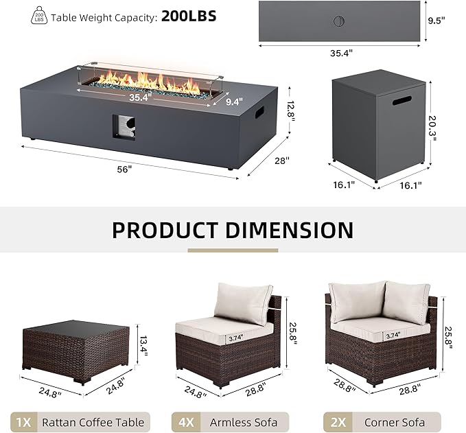 UPHA 9 Pieces Patio Furniture Sets, Wicker Outdoor Sectional Sofa Couch with Rectangle Propane Pit for Deck Backyard Garden, Brown Rattan, White Cushion