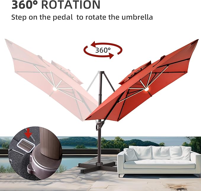 10 X 13 FT Cantilever Patio Umbrella with Led Lights Heavy Duty Windproof Double Top Large Rectangle Offset Umbrellas with 360-degree Rotation for Garden Pool Deck Backyard, Red