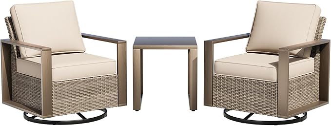 Outdoor Swivel Rocker Metal Chairs Set of 2 with Small Coffee Table - 3 Pieces Patio Bistro Set with Rectangular Framed Wood-Looking Metal Armrest, 360 Degree Glider Chairs, Beige