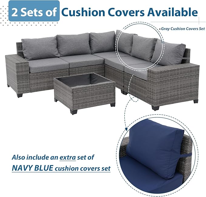 JOIVI 6 Pieces Outdoor Patio Furniture Set, Rattan Patio Sectional Sofa Conversation Set with Coffee Table, PE Wicker L-Shaped Sofa Set with Cushions for Garden, Backyard, Deck, Gray