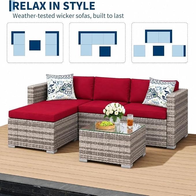 GarveeHome 5 Pieces Patio Sectional Furniture Set, All Weather Wicker Rattan Sectional Sofa, Patio Conversation Set with Cushions and Glass Coffee Table for Backyard Porch Garden Balcony, Red
