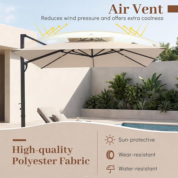Tangkula 10 FT Patio Cantilever Umbrella, Large Square Offset Hanging Umbrella w/ 360° Rotation, 8 Sturdy Ribs, Air Vent & Cross Base, Heavy-Duty Outdoor Sun Shade for Backyard Pool Garden Deck, Beige