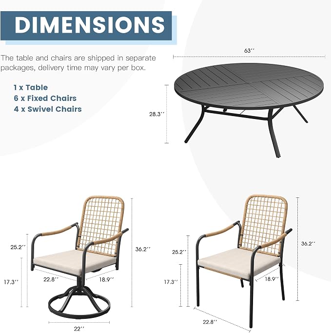 DIFY 11 Pieces Outdoor Dining Set for 10, 63" Black Round Metal Table with 6 Stackable Wicker Patio Chairs & 4 Swivel Chairs, Patio Furniture Set with Cushions and Umbrella Hole, Wheat Rattan