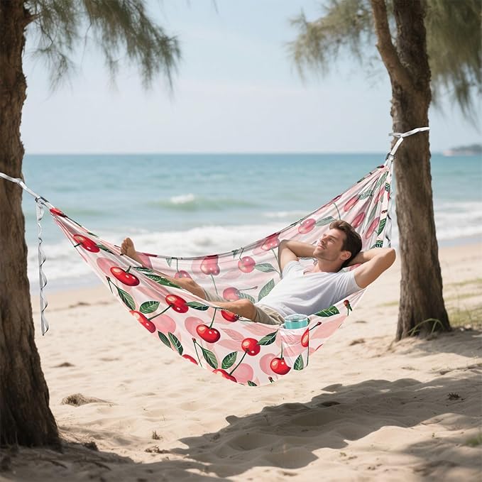 Camping Hammock Outdoor Hammocks for Outside Cherry Pink Beach Trees Portable Lightweight with Pockets Tree Straps Indoor Small