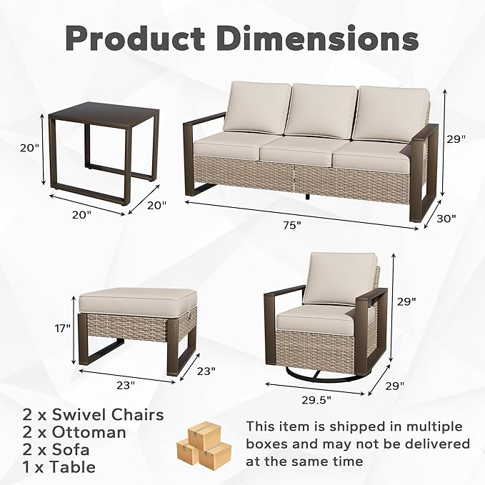 Outdoor Patio Swivel Rocker Chairs, 7 Pieces Wicker Furniture Set, 2 Swivel Rocking Chairs, 2 Sofa 2 Ottoman and 1 Table, Wide Armrest, Thick Cushions and Deep Seating for Garden, Backyard, Porch