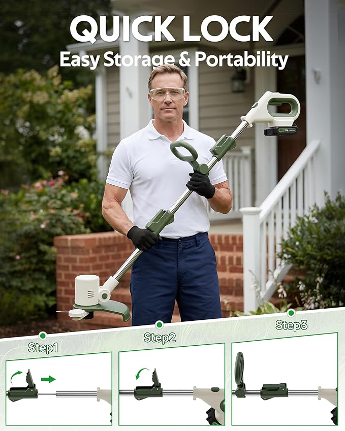 Cordless String Trimmer Battery Powered, 21V 2-in-1 Weed Wacker and Edger with 8" Cutting Width, 2 x 2.0Ah Batteries and Charger Included, Electric Lawn Tool Grass Cutter