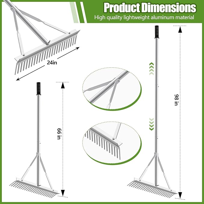 Qinyoung Aluminum Maintenance Rake 24 Inch Baseball Field Garden Landscape Rake with 66''-98'' Adjustable Handle for Yard Lawns Lake Weed Care Gardening Loosening Soil