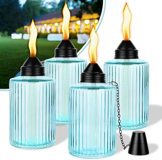 12oz Glass Table Torches 4 Pack, Citronella Refillable Tabletop Torch for Outside with Wick and Snuffer Cap, Outdoor Flame Lanterns for Garden Yard Patio Party Decor (Blue)