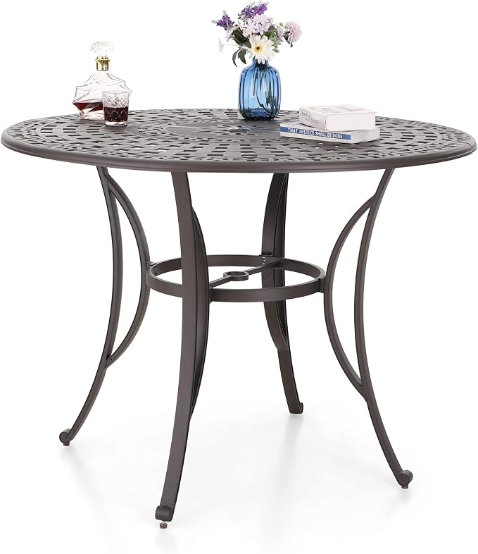 MFSTUDIO Cast Aluminium Bar Height Outdoor Table, Round | 54.35”Dia x 39.4”H, 2.17" Umbrella Hole, Retro Hollow Pattern, Adjustable Non-Scratch Feet, for 6 Person, for Patio Backyard