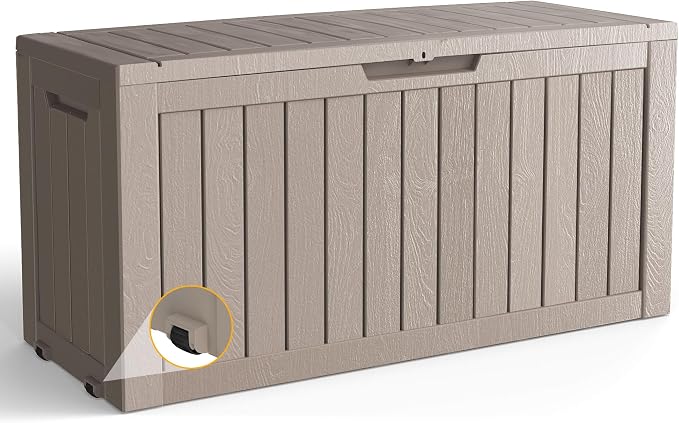 Outdoor Storage Box Waterproof with Wheels, 76 Gallon Lockable Resin Deck Box Patio Storage Bin for Pool Accessories Cushion Furniture, Garden Tools, UV-Resistant Outside Delivery Grey