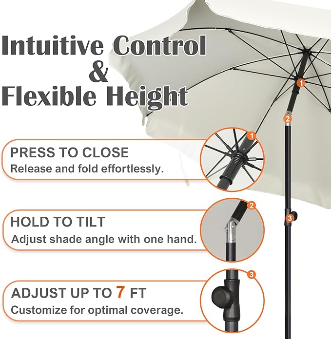 Blissun 6.5ft Patio Umbrella with Push Button Tilt & Height Adjustable, UV50+ Sun Protection with Sturdy Fiberglass Ribs & Iron Pole, Market Umbrella for Outdoor Table Garden Backyard Beach