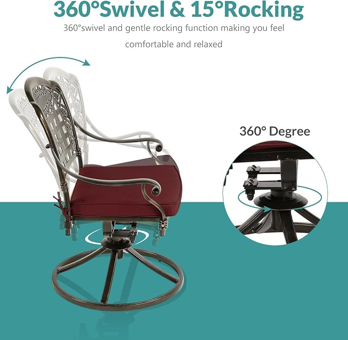 MEETWARM 5-Piece Outdoor Patio Dining Set, All-Weather Cast Aluminum Patio Conversation Set with 4 Cushions Swivel Rocker Chairs for Backyard Garden Deck and 35.4" Round Table, Chili Red