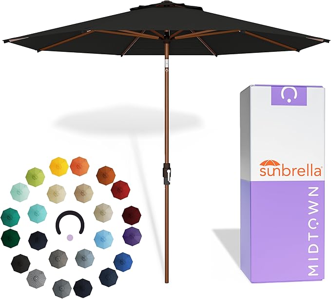 Midtown Umbrellas Wooden 2-8 Ft Patio Umbrella with 360° Swivel & Tilt Mechanism, 8 Fiberglass Ribs & Sunbrella Fabric - Outdoor Umbrella for Deck, Pool & Garden - Burgundy Canopy, Wooden Pole