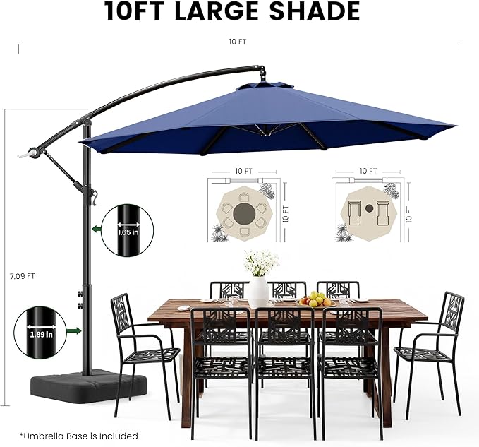 OLILAWN Cantilever Offset Patio Umbrellas, Outdoor 10 feet Large Patio Umbrella with Base Included, Upgraded Yarn-dyed Fabric Shade, Sturdy 8 Rids, 360 Degree Rotation & Easy Tilt Adjustment, for Pool Deck Porch Backyard Garden, Sapphire