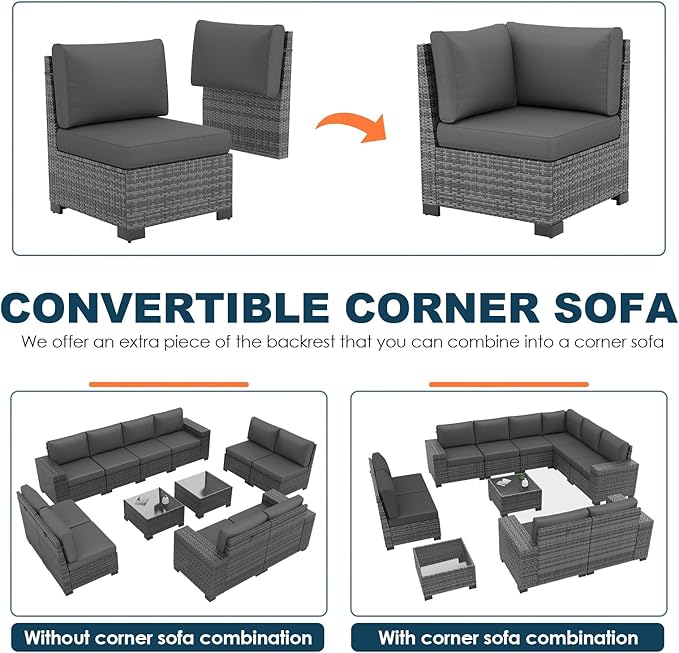 Patio Furniture Set, 12 Pieces Outdoor Sectional Sofa Conversation Sets with Waterproof Cover Modern Wicker Seating Set, 4'' Thickened Cushions & 2 Glass Coffee Table, Grey