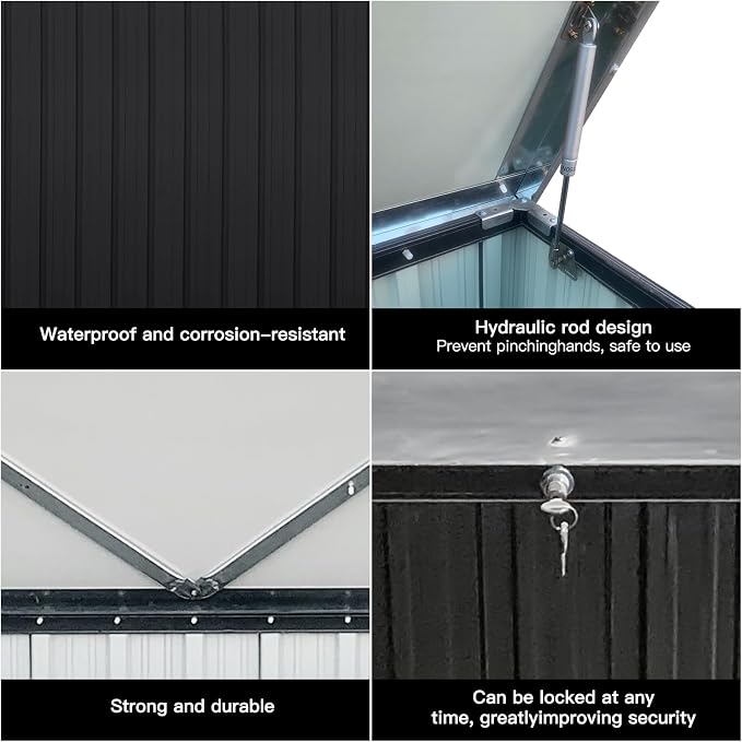 215 Gallon Outdoor Storage Box, Metal Deck Box with Waterproof UV-Resistant and Hydraulic Rod Design for Poolside, Patio, Backyard (Medium)