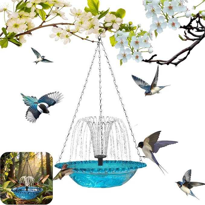 UZTK-2026 Solar Cascade Hanging Bird Bath Fountain, Solar Powered Outdoor Water Fountain for Hummingbirds, Decorative Bird Bath Shower Bowl Kit for Garden Yard Patio Backyard (Blue Single Layer)