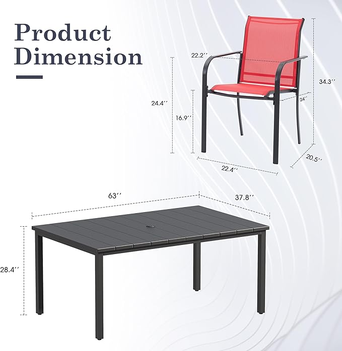 Patio Table and Chairs Set for 6, Outdoor Dining Set with 6 Stackable Dining Chairs and 63"x 37.8" Metal Steel Rectangle Dining Table for Backyard, Deck, Lawn, Garden, Red & Black