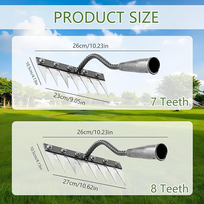 Garden Weeding Rake,Detachable 7/8 Teeth Heavy Duty Tool ,Multifunctional Manganese Steel,Weeder Puller Tool for Backyard,Yard,Farm,Garden,Lawn Loosening Planting（Without Stick） (7 Teeth)