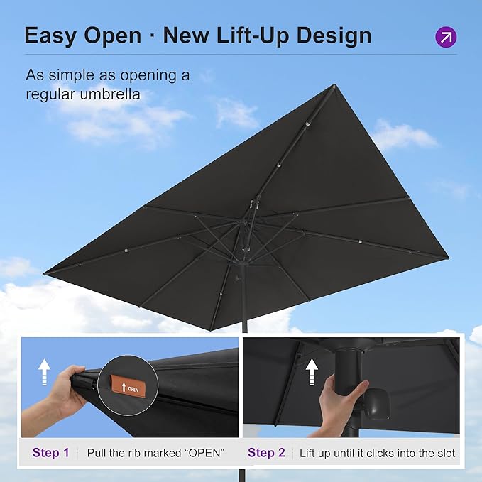 PURPLE LEAF 10' x 13' Rectangular Semi-Auto Outdoor Patio Umbrella Aluminium Market Umbrella Table Sun Umbrella with 2.36" Rod and 8 Sturdy Ribs for Deck Lawn Pool Garden, Gray