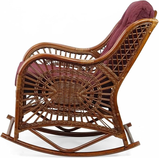 Malibu Handmade Natural Rattan Living Room Set of 2 Rocking Lounge Chairs and Round Coffee Table with Glass, Colonial Color, Dark Brown Cushions