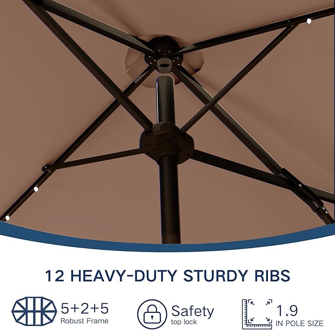 Large Patio Umbrella with Solar Lights and Base, Double-Sided Outdoor Rectangle Umbrella with 48 LED Lights, Market Table Umbrellas with UV Resistant Canopy