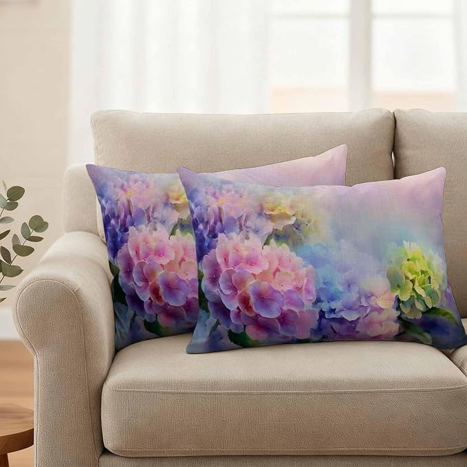 Pink Purple Floral Outdoor Pillow Cover 12x20 Inch Cushion Sham Case, Spring Hydrangea Flower Vintage Botanical Waterproof Decorative Square Throw Pillowcase for Outside Garden Patio Porch Couch Chair